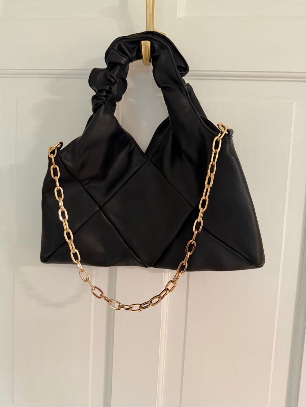 Black Quilted Soft-Top Handle Shoulder Bag with Gold Chain